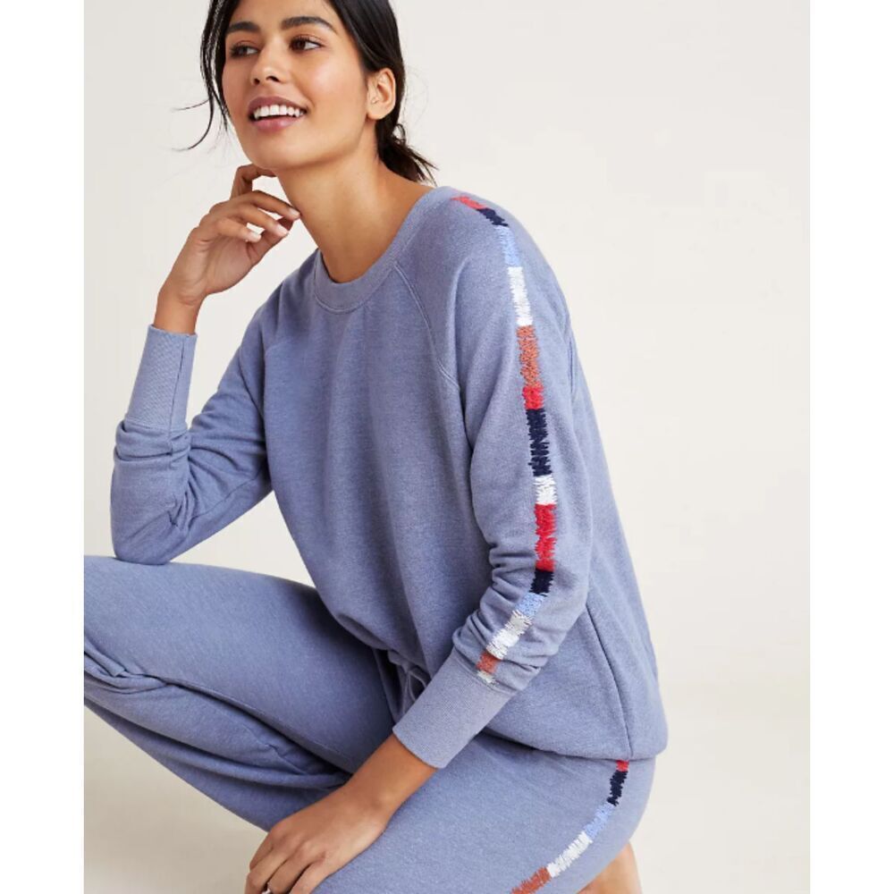 Sundry by Anthropologie Mosley Embroidered Sleeve Pullover Sweatshirt Cozy 3/L